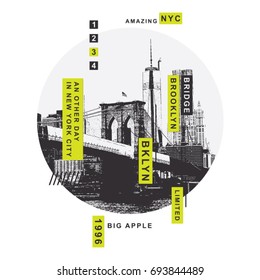 New York Brooklyn bridge illustration, tee shirt graphics, vectors, typography