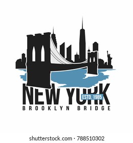 New York, Brooklyn Bridge typography for t-shirt print. Stylized Brooklyn Bridge silhouette. Tee shirt graphic, t-shirt design. Vector