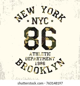 New York, Brooklyn - camouflage grunge typography for design clothes, athletic t-shirt. Graphics for number apparel. Badge for military style print. Vector illustration.