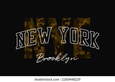 New York, Brooklyn college style t-shirt design with camouflage texture. Varsity tee shirt design with camo letters NYC. Sport apparel print. Vector illustration.