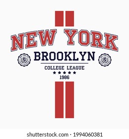 New York, Brooklyn college t-shirt design with vertical stripes. Slogan typography graphics for t-shirt. Vector illustration.