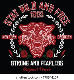 New York - Brooklyn embroidery rose and tiger slogan fashion patch, rose with leaves, fashion patches, badges  typography, t-shirt graphics, vectors