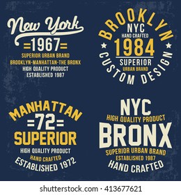 New York, Brooklyn, Manhattan, Bronx college vector print set for t shirt graphic.