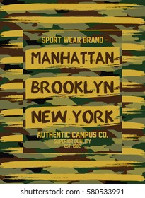 New York, Brooklyn, Manhattan camouflage slogan typography, t-shirt graphics, vectors