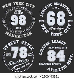 New york, Brooklyn, Manhattan typography. Set of athletic print for t-shirt design. Graphics for sport appare