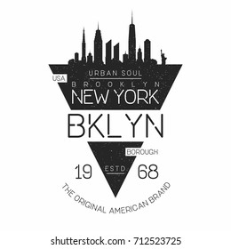 Nueva York, tipografía moderna de Brooklyn para impresión en pantalones. Silueta de perfil de Nueva York. Gráficos en pantalones T. Vector