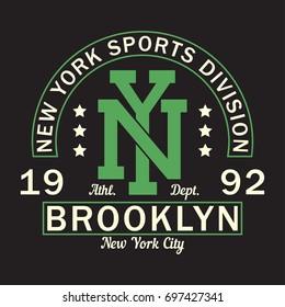 New York, Brooklyn - print logo. Graphic design for t-shirt, sport apparel. Typography for clothes. Sports division. Vector illustration