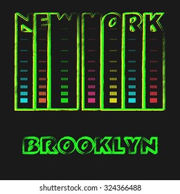New York, Brooklyn, psychedelic art, abstract neon background, typography, t-shirt graphics, poster, banner, flyer, postcard, vector