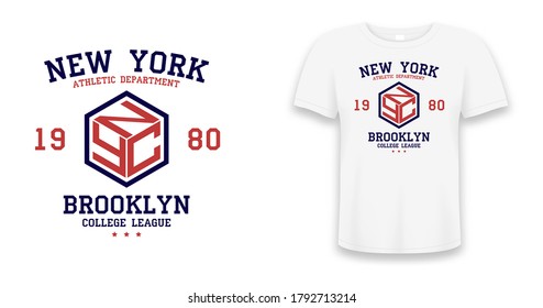 New York, Brooklyn slogan typography graphics for t-shirt. College print for apparel. Tee shirt design with shield on t-shirt mockup. Vector illustration.