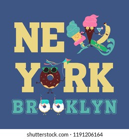 New York Brooklyn Sport wear typography emblem, t-shirt  print, athletic apparel design vector illustration team Summer sweets. Color ice cream and fruit