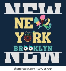 New York Brooklyn Sport wear typography emblem, t-shirt  print, athletic apparel design vector illustration team Summer sweets. Color ice cream and fruit