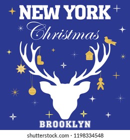 New York Brooklyn Sport wear typography emblem Christmas t-shirt White deer winter with golden stars, snowflakes and gingerbread. Vector illustration