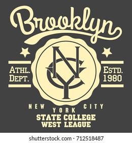 New York Brooklyn Sport wear typography emblem, t-shirt stamp graphics, tee print, athletic apparel design