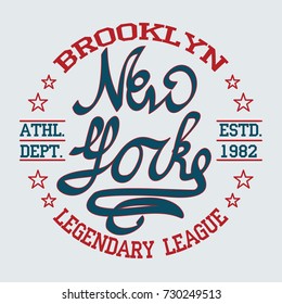 New York Brooklyn Sport wear typography emblem, t-shirt stamp graphics, tee print, athletic apparel design