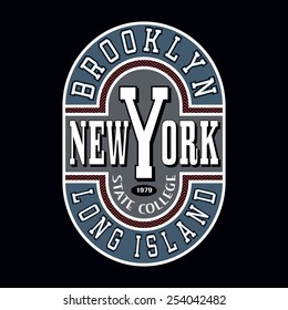 New York Brooklyn State College T-shirt Typography Graphics, Vector Illustration