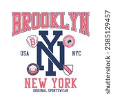 New York, Brooklyn t-shirt design with college patches. NY tee shirt print with patch. Typography graphics for college style apparel and sportswear. Vector illustration.