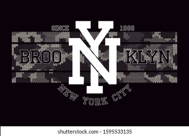 New York, Brooklyn t-shirt design with knitted camouflage texture. Typography graphics for tee shirt in military and army style. Apparel print with knit camo. Vector illustration.