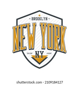 New York, Brooklyn t-shirt design with shield. College league tee shirt print. Sportswear and apparel design. Vector illustration.