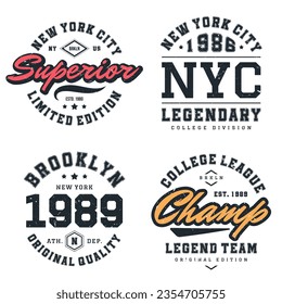 New York, Brooklyn t-shirt design collection. T-shirt print design in American college style. Athletic typography for tee shirt print in university and college style. Vector