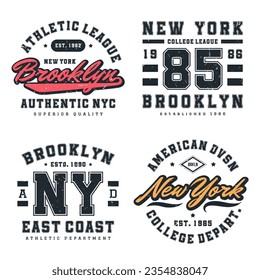 New York, Brooklyn t-shirt design collection. T-shirt print design in American college style. Athletic typography for tee shirt print in university and college style. Vector