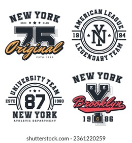 New York, Brooklyn T-Shirt Design Collection. T-Shirt Print Design im amerikanischen College-Stil. Athletische Typografie für T-Shirt-Druck im Stil der Universität und der Universität. Vektorgrafik