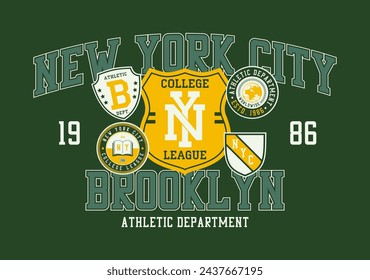 New York, Brooklyn t-shirt design with college patches and shield. Brooklyn tee shirt print with patch. Typography graphics for college style apparel and sportswear. Vector illustration.