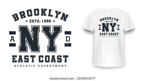 New York, Brooklyn t-shirt mockup design. T-shirt print design in American college style. Athletic typography for tee shirt print in university and college style. Vector