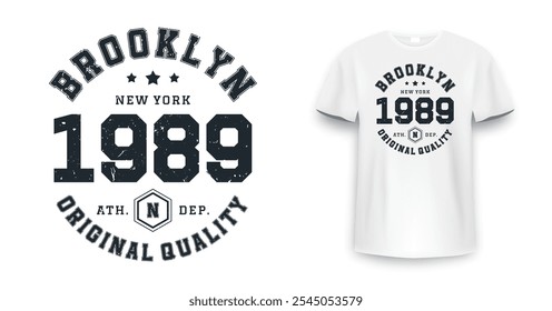 New York, Brooklyn t-shirt mockup design. T-shirt print design in American college style. Athletic typography for tee shirt print in university and college style. Vector