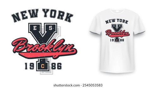 New York, Brooklyn t-shirt mockup design. T-shirt print design in American college style. Athletic typography for tee shirt print in university and college style. Vector