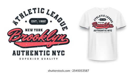 New York, Brooklyn t-shirt mockup design. T-shirt print design in American college style. Athletic typography for tee shirt print in university and college style. Vector