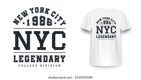 New York, Brooklyn t-shirt mockup design. T-shirt print design in American college style. Athletic typography for tee shirt print in university and college style. Vector