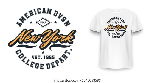 New York, Brooklyn t-shirt mockup design. T-shirt print design in American college style. Athletic typography for tee shirt print in university and college style. Vector