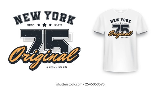 New York, Brooklyn t-shirt mockup design. T-shirt print design in American college style. Athletic typography for tee shirt print in university and college style. Vector