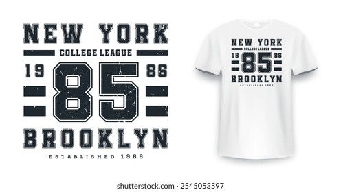 New York, Brooklyn t-shirt mockup design. T-shirt print design in American college style. Athletic typography for tee shirt print in university and college style. Vector