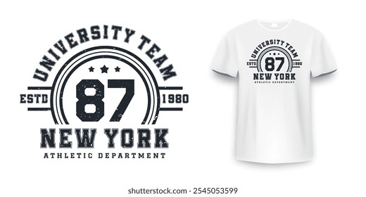 New York, Brooklyn t-shirt mockup design. T-shirt print design in American college style. Athletic typography for tee shirt print in university and college style. Vector