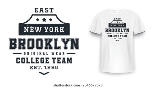 New York, Brooklyn t-shirt mockup design. T-shirt print design in American college style. Athletic typography for tee shirt print in university and college style. Vector