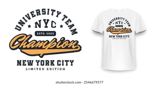 New York, Brooklyn t-shirt mockup design. T-shirt print design in American college style. Athletic typography for tee shirt print in university and college style. Vector