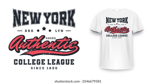 New York, Brooklyn t-shirt mockup design. T-shirt print design in American college style. Athletic typography for tee shirt print in university and college style. Vector