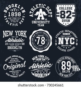 New York, Brooklyn Typography, Badges Set For T-shirt Print. Varsity Style T-shirt Graphics. Vector