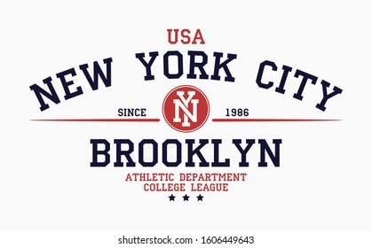 New York, Brooklyn typography for college t-shirt design. Graphics for print product, tee shirt, vintage sport apparel. Vector illustration.