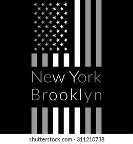 New York Brooklyn Typography on black background with american flag. Sport T-shirt fashion graphics. Design Print for sportswear apparel. Original wear. Vector illustration