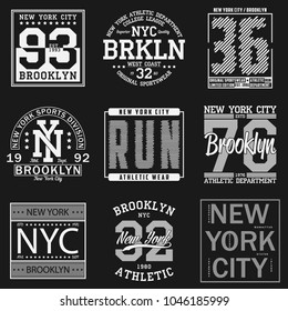 Tipografía de Nueva York, Brooklyn. Conjunto de estampado atlético para el diseño de camisetas. Gráficos para ropa deportiva. Colección de la placa de la camiseta.Vector.