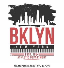 New York, Brooklyn typography for t shirt print. T shirt graphics with city skyline silhouette. Vintage tee print. Vector