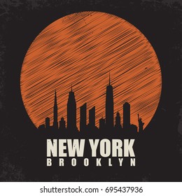 New York, Brooklyn typography for t shirt print. T shirt graphics with city skyline silhouette. Vintage tee print. Vector