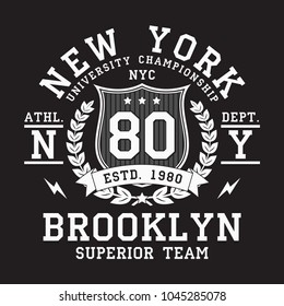 New York, Brooklyn typography for t-shirt. Original design of athletic apparel. Graphic for sport tee shirt. Clothes print. Vector illustration.