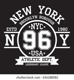Tipografía de Nueva York, Brooklyn para estampación de camisetas. Deportes, gráficos de camisetas atléticas. Vector