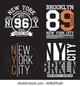 New York, Brooklyn typography for t-shirt print. Sports, athletic t-shirt graphics set. Badge collection. Vector