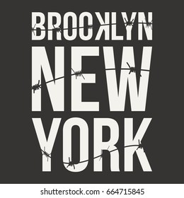New York, Brooklyn typography for t-shirt print. Barbed wire and lettering. T-shirt graphics. Vector
