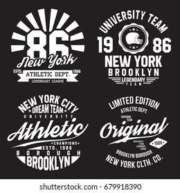 New York, Brooklyn typography for t-shirt print. Sports, athletic t-shirt graphics set. Badge collection. Vector