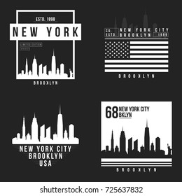 New York, Brooklyn typography for t-shirt print. New York City skyline for tee graphic. T-shirt design collection. Vector